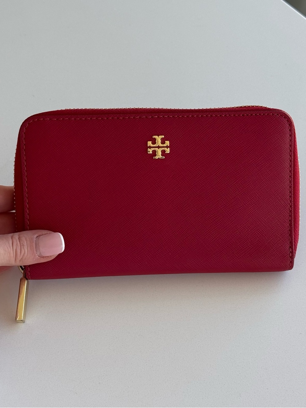 Tory Burch Red Saffiano Leather Zip Around Continental Wallet